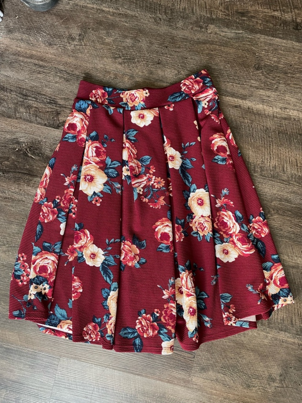 Burgundy Floral Pleated Skater Skirt